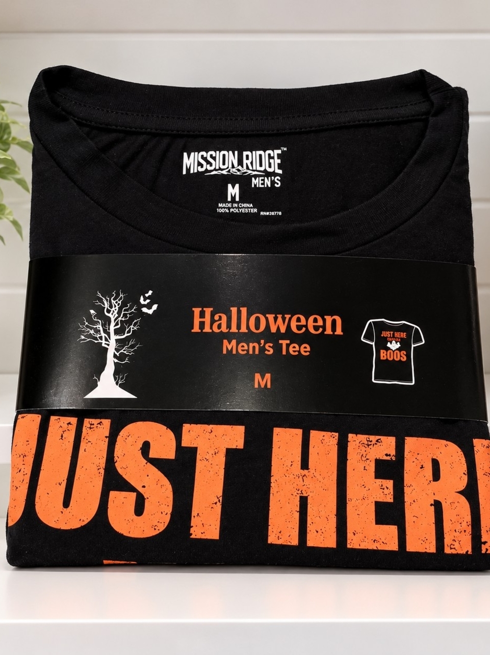 Mission Ridge Men’s Black Halloween Tee - 'Just Here' Orange Graphic
